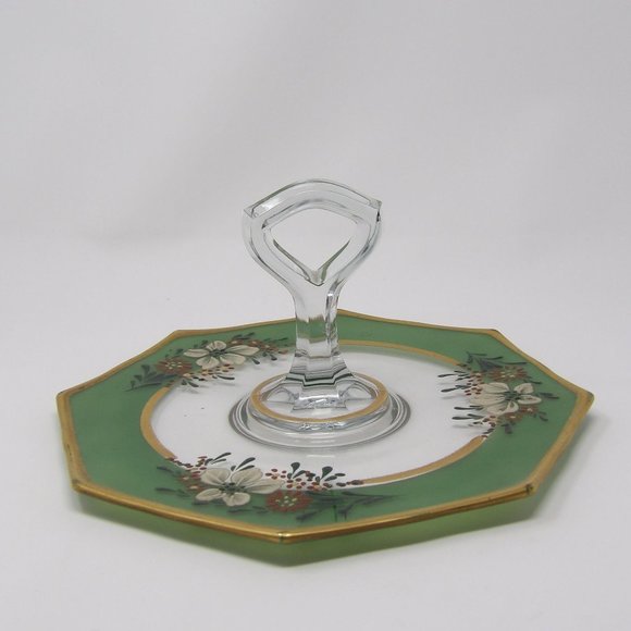 Vintage Glass Tidbit Tray Green and Gold Rimmed with Hand Painted Enamel Flowers - Picture 8 of 10